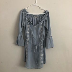 Blue Bell-Sleeve, Embroidered, Waist-Tie Dress